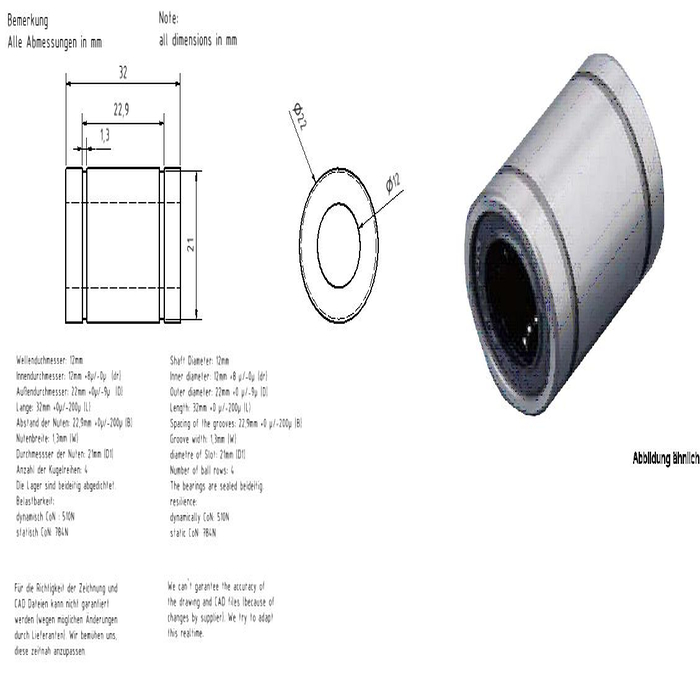 Rodamiento lineal para ejes de 12 mm.