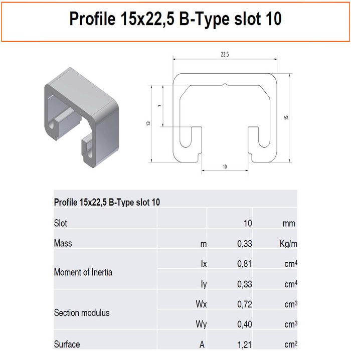 El perfil 15x22,5 Tipo B ranura 10 de aluminio anodizado tiene una ranura de 10 mm de ancho y 13 mm de profundidad. 