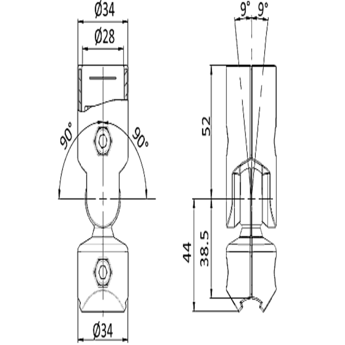 ball-and-socket connector for circular tubes 28mm