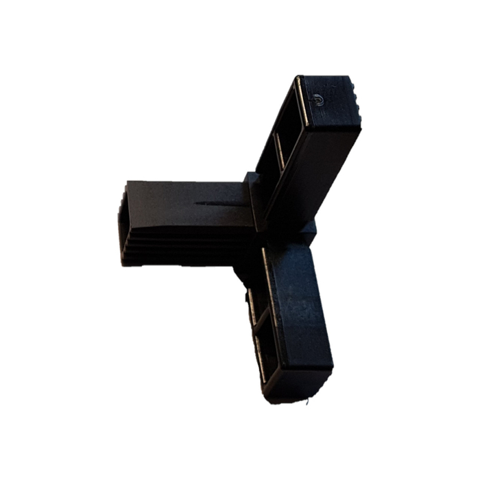 Conector enchufable 3D3 fabricado en PA para tubo cuadrado 25x25x1,5. Longitud de los brazos: 49 mm. Conector de una pieza