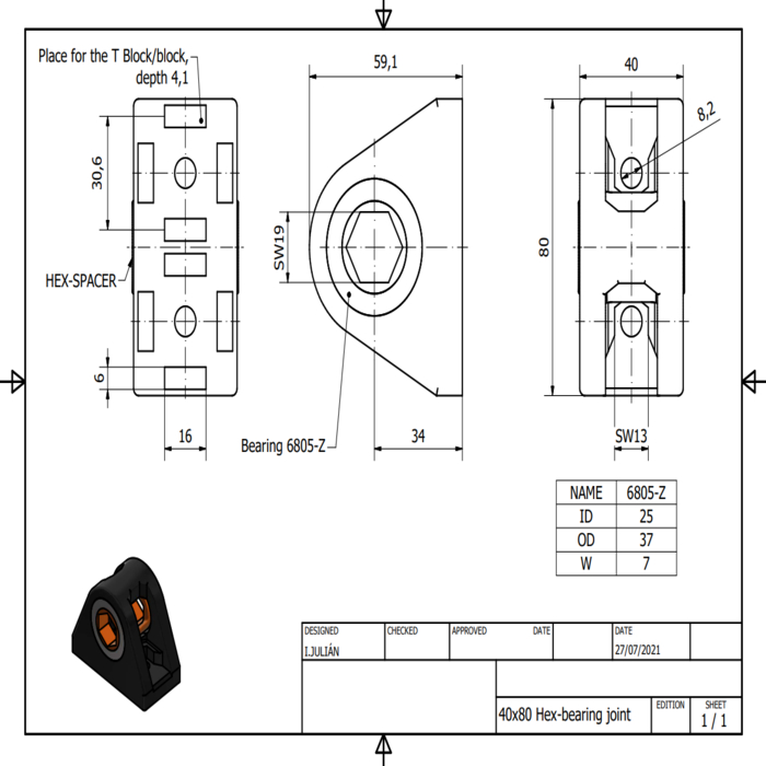 Junta hexagonal con rodamiento 40x80