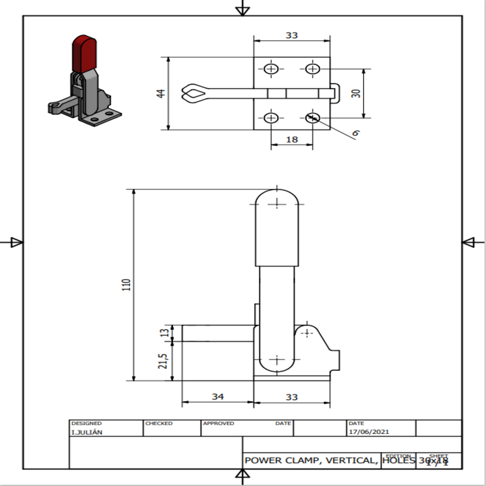 Push/pull clamp with vertical lever, hole spacing 30x18