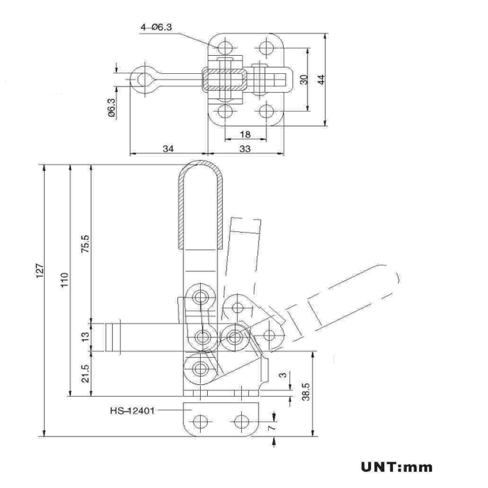 Push/pull clamp with vertical lever, hole spacing 30x18